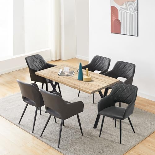 CLIPOP Essgruppen Esstisch mit 6 Stühlen,Holz Rechteckig Küchentisch 140cm und PU Leder Esszimmerstühle 6er Set,Retro Style Tisch Armlehnstuhl Sitzgruppe für Wohnzimmer Esszimmer Küche (Eiche+Grau) von CLIPOP