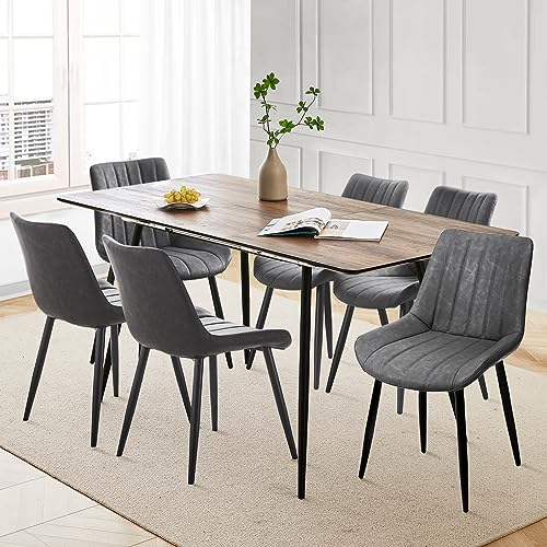 CLIPOP Essgruppen Esstisch Ausziehbar mit 6 Kunstleder Stühlen Set,120-160 cm Holztisch Küchentisch mit Gepolsterter Esszimmerstuhl Speisetisch Polsterstuhl für Esszimmer Küche(Walnuss+Grau) von CLIPOP