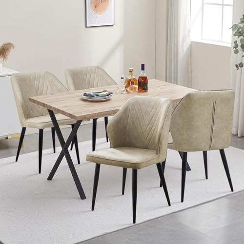 CLIPOP Esszimmergruppe mit Esstisch und 4 Kunstleder Essstühlen Holz Rechteckiger Esstisch 140 x 80 cm mit Gepolsterter Esszimmerstühle für Esszimmer,Eichenfarbener Esstisch + 4 Creme Stühle, D0195-6 von CLIPOP