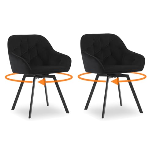 CLIPOP Samt Esszimmerstühle Drehbar 2er Set,Gepolstert Sessel Küchenstuhl mit Armlehne Freizeit Polsterstuhl Bequem Sitz Drehstuhl für Esszimmer Wohnzimmer Büro, (1, Schwarz) von CLIPOP