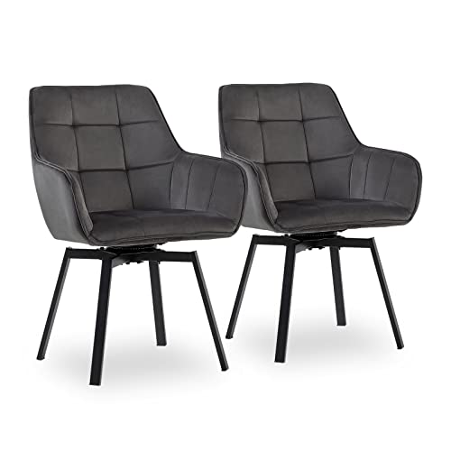CLIPOP Esszimmerstühle Drehbar Set mit Armlehne, Samt Polsterstuhl Gepolstert Sitz Küchenstuhl Drehstuhl Armlehnenstuhl für Esszimmer Wohnzimmer Büro (2er Set, Samt Dunkelgrau) von CLIPOP