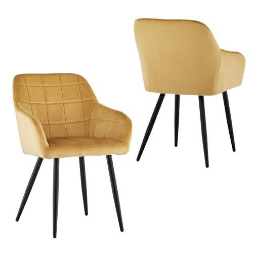 CLIPOP Esszimmerstühle 2er Set Stühle mit Armlehne, Samt Bezug, Esszimmerstuhl Küchenstuhl Polsterstuhl, Stühle für Esszimmer (2, Samt Gelb) von CLIPOP