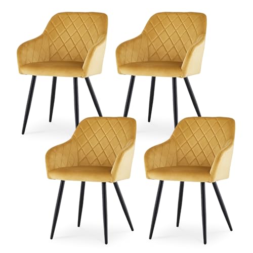 CLIPOP Esszimmerstühle 4er Set, Küchenstuhl Samt Bezug Wohnzimmerstuhl Polsterstuhl mit Armlehne Metallbeine Polstersessel Stuhl für Esszimmer Wohnzimmer Küche (4, Samt Gelb) von CLIPOP