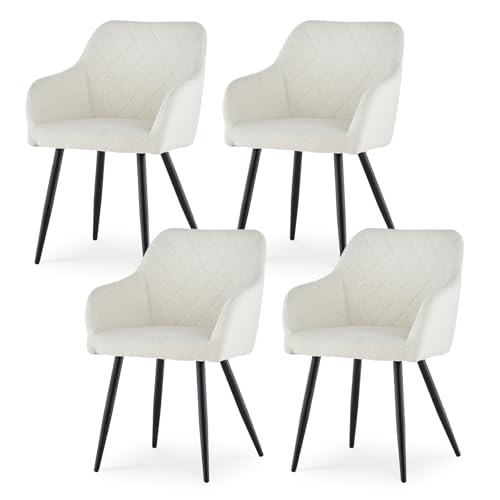 CLIPOP Esszimmerstühle 4er Set, Küchenstuhl Teddy Boucle Bezug Wohnzimmerstuhl Polsterstuhl mit Armlehne Metallbeine Polstersessel Stuhl für Esszimmer Wohnzimmer Küche (4, Bouclé Nebelweiß) von CLIPOP