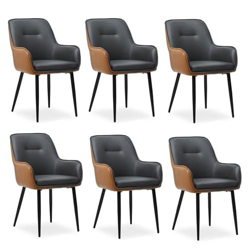 CLIPOP Esszimmerstühle 6er Set mit Armlehne Kunstleder Gepolstert Küchenstuhl,Akzent Sessel Esszimmerstuhl Colorblock Loungesessel Wohnzimmer Empfangstühle für Esszimmer Küche,Grau-Braun von CLIPOP