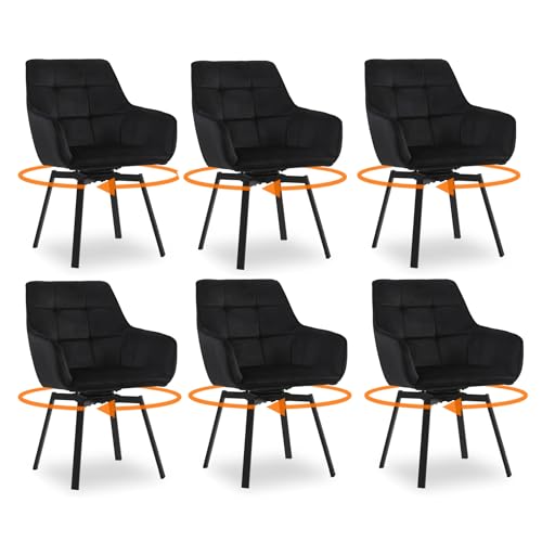 CLIPOP Esszimmerstühle Drehbar Set mit Armlehne, Samt Polsterstuhl Gepolstert Sitz Küchenstuhl Drehstuhl Armlehnenstuhl für Esszimmer Wohnzimmer Büro (6er Set, Samt Schwarz) von CLIPOP