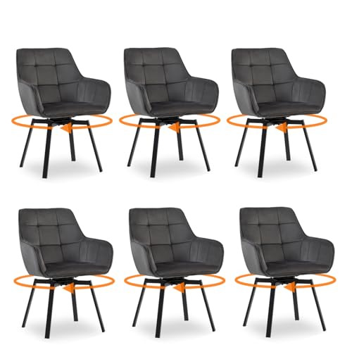 CLIPOP Esszimmerstühle Drehbar Set mit Armlehne, Samt Polsterstuhl Gepolstert Sitz Küchenstuhl Drehstuhl Armlehnenstuhl für Esszimmer Wohnzimmer Büro (6er Set, Samt Dunkelgrau) von CLIPOP