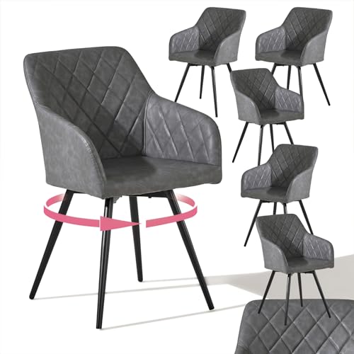 CLIPOP Esszimmerstühle Drehbar Set mit Armlehne, Kunstleder Polsterstuhl Küchenstuhl Drehstuhl Armlehnenstuhl für Esszimmer Wohnzimmer Büro (Kunstleder Hellgrau, 6er Set) von CLIPOP