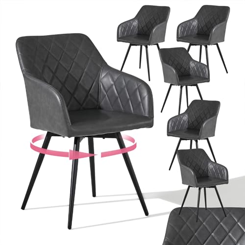 CLIPOP Esszimmerstühle Drehbar Set mit Armlehne, Kunstlelder Polsterstuhl Küchenstuhl Drehstuhl Armlehnenstuhl für Esszimmer Wohnzimmer Büro (Kunstleder Grau, 6er Set) von CLIPOP