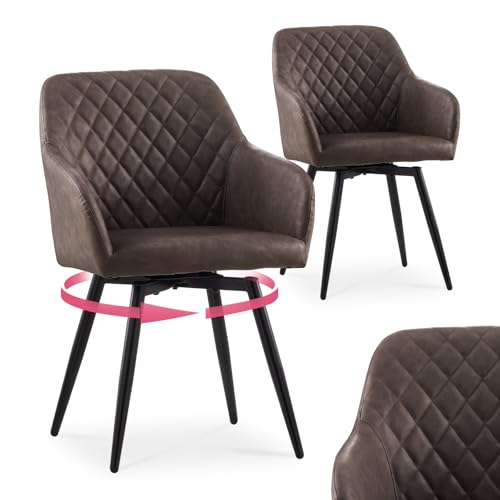 CLIPOP Esszimmerstühle Drehbar Set mit Armlehne, Samt Polsterstuhl Gepolstert Sitz Küchenstuhl Drehstuhl Armlehnenstuhl für Esszimmer Wohnzimmer Büro (Kunstleder Braun, 2er Set) von CLIPOP