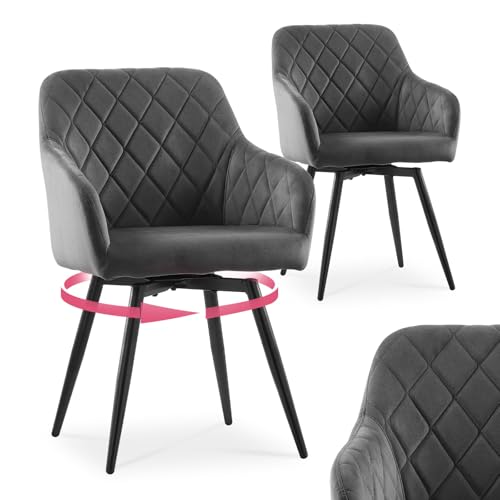 CLIPOP Esszimmerstühle Drehbar Set mit Armlehne, Samt Polsterstuhl Gepolstert Sitz Küchenstuhl Drehstuhl Armlehnenstuhl für Esszimmer Wohnzimmer Büro (Samt Grau, 2er Set) von CLIPOP