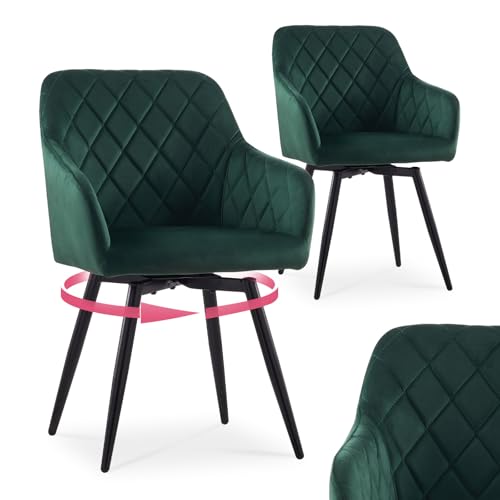 CLIPOP Esszimmerstühle Drehbar Set mit Armlehne, Samt Polsterstuhl Gepolstert Sitz Küchenstuhl Drehstuhl Armlehnenstuhl für Esszimmer Wohnzimmer Büro (Samt Grün, 2er Set) von CLIPOP