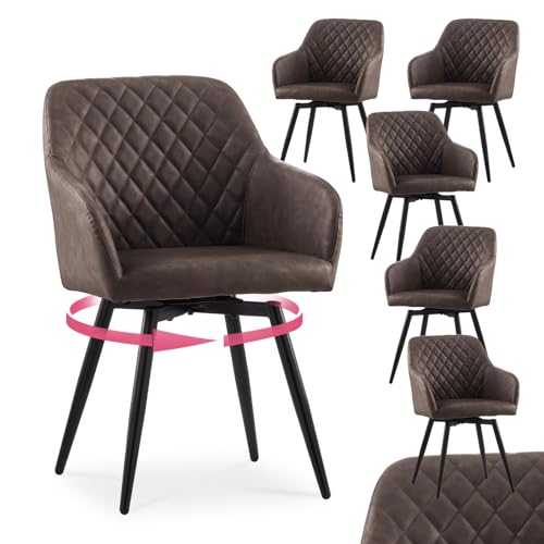 CLIPOP Esszimmerstühle Drehbar Set mit Armlehne, Samt Polsterstuhl Küchenstuhl Drehstuhl Armlehnenstuhl für Esszimmer Wohnzimmer Büro (Kunstleder Braun, 6er Set) von CLIPOP