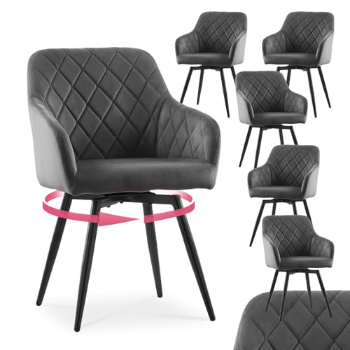 CLIPOP Esszimmerstühle Drehbar Set mit Armlehne, Samt Polsterstuhl Küchenstuhl Drehstuhl Armlehnenstuhl für Esszimmer Wohnzimmer Büro (Samt Grau, 6er Set) von CLIPOP