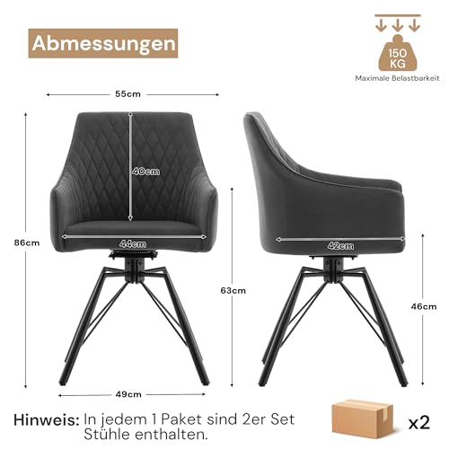 CLIPOP Esszimmerstühle Drehbar mit Armlehne, Polsterstuhl Gepolstert Sitz Küchenstuhl Drehstuhl Armlehnenstuhl für Esszimmer Wohnzimmer Büro (Samt Grau, 4er Set) von CLIPOP