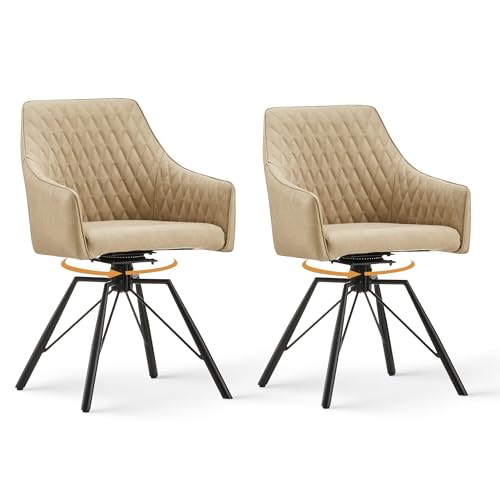 CLIPOP Esszimmerstühle Drehbar mit Armlehne, Samt Polsterstuhl Gepolstert Sitz Küchenstuhl Drehstuhl Armlehnenstuhl für Esszimmer Wohnzimmer Büro (Kunstleder Beige, 2er Set) von CLIPOP