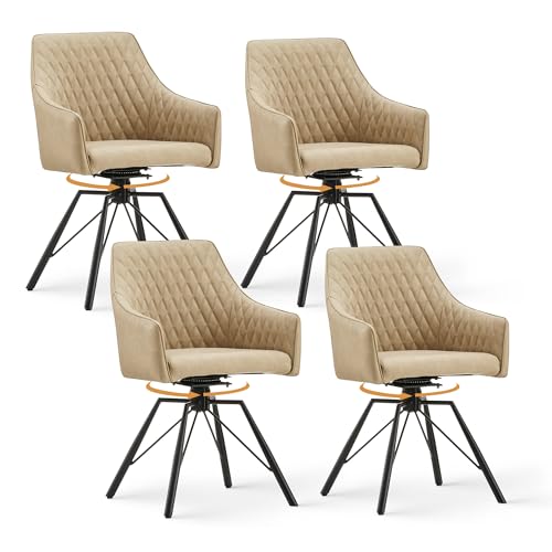 CLIPOP Esszimmerstühle Drehbar mit Armlehne, Samt Polsterstuhl Gepolstert Sitz Küchenstuhl Drehstuhl Armlehnenstuhl für Esszimmer Wohnzimmer Büro (Kunstleder Beige, 4er Set) von CLIPOP