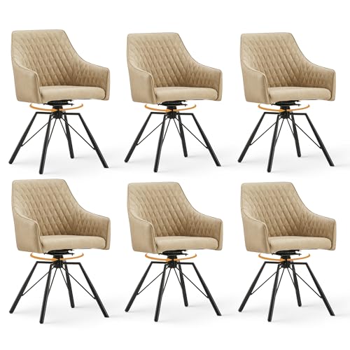 CLIPOP Esszimmerstühle Drehbar mit Armlehne, Samt Polsterstuhl Gepolstert Sitz Küchenstuhl Drehstuhl Armlehnenstuhl für Esszimmer Wohnzimmer Büro (Kunstleder Beige, 6er Set) von CLIPOP