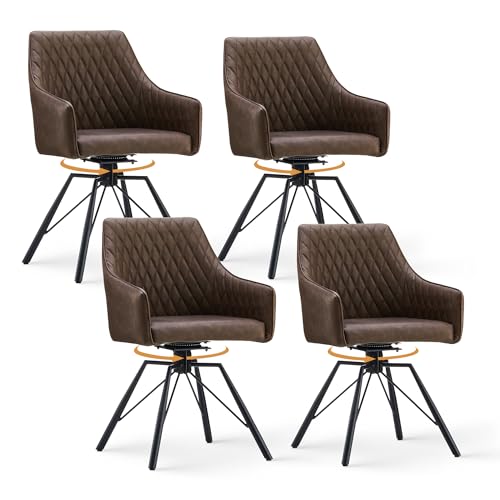 CLIPOP Esszimmerstühle Drehbar mit Armlehne, Samt Polsterstuhl Gepolstert Sitz Küchenstuhl Drehstuhl Armlehnenstuhl für Esszimmer Wohnzimmer Büro (Kunstleder Braun, 4er Set) von CLIPOP