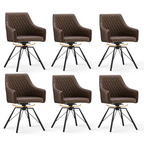 CLIPOP Esszimmerstühle Drehbar mit Armlehne, Samt Polsterstuhl Gepolstert Sitz Küchenstuhl Drehstuhl Armlehnenstuhl für Esszimmer Wohnzimmer Büro (Kunstleder Braun, 6er Set) von CLIPOP