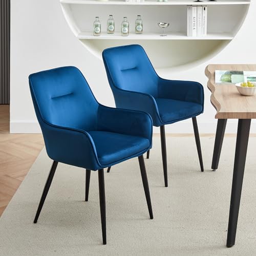 CLIPOP Esszimmerstuhl 2 Stück mit Armlehne Küchenstuhl Polsterstuhl Wohnzimmerstuhl Sessel Sitzfläche aus Samt Loungesessel 2er Set für Esszimmer,Arbeitszimmer,Wohnzimmer,Schlafzimmer,Blau von CLIPOP