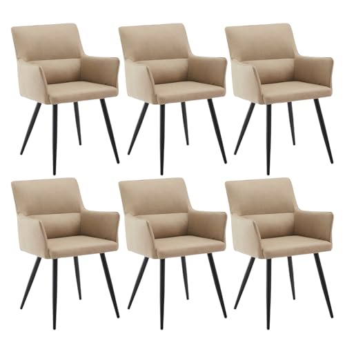 CLIPOP Esszimmerstuhl 6er Set Beige Kunstleder Küchenstuhl Polsterstuhl mit Armlehne und Metall Beine, Retro Design Armlehnstuhl Sessel für Wohnzimmer Esszimmer von CLIPOP