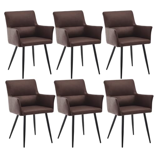 CLIPOP Esszimmerstuhl 6er Set Braun Kunstleder Küchenstuhl Polsterstuhl mit Armlehne und Metall Beine, Retro Design Armlehnstuhl Sessel für Wohnzimmer Esszimmer von CLIPOP
