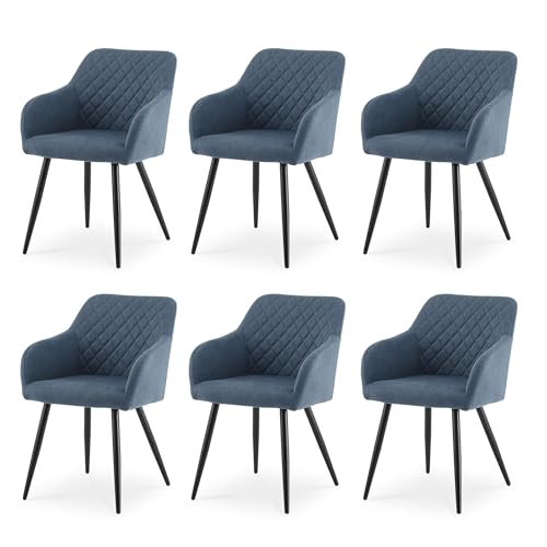 CLIPOP Esszimmerstühle 6er Set, Küchenstuhl Leinen Bezug Wohnzimmerstuhl Polsterstuhl mit Armlehne Metallbeine Polstersessel Stuhl für Esszimmer Wohnzimmer Küche (6, Leinen Tiefseeblau) von CLIPOP
