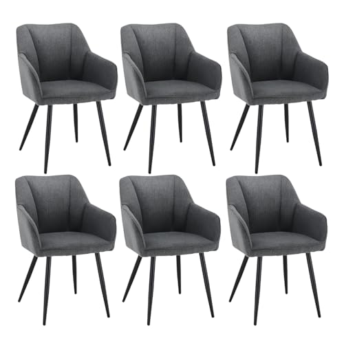 CLIPOP Esszimmerstuhl 6er Set Leinen Küchenstuhl Polsterstuhl mit Armlehne und Metall Beine, Retro Design Armlehnstuhl Sessel für Wohnzimmer Esszimmer (6er, Leinen Dunkelgrau) von CLIPOP