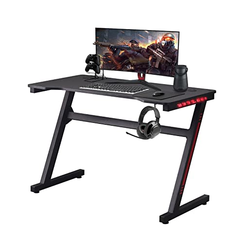 CLIPOP Gaming Tisch 110 x 60 cm Ergonomisch Gaming Schreibtisch mit 7 Farben LED-Beleuchtung und Kopfhörerhaken Z-förmiger Gaming-PC Computertisch Workstation für Heimbüro von CLIPOP