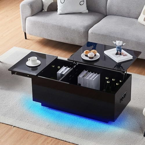 CLIPOP Hochglanz Couchtisch, höhenverstellbarer Wohnzimmertisch, mit LED Beleuchtung, einstellbaren Lichtfarben, Steckdose und USB, Beistelltisch mit Verstecktem Staufach, Schwarz von CLIPOP