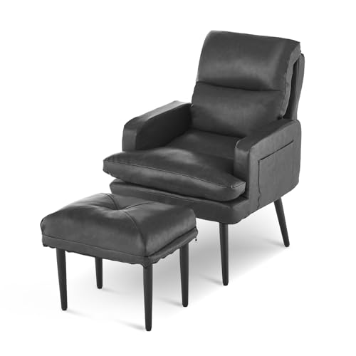 CLIPOP Kunstleder Relaxsessel Lehnstühle mit Hocker,Wohnzimmerstuhl Polstersessel Fernsehsessel mit Fußschemel Lesestuhl Armlehnstuhl für Wohnzimmer Schlafzimmer Arbeitszimmer (Grau) von CLIPOP