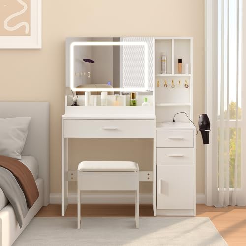 CLIPOP LED Schminktisch mit HD Spiege, Verstellbar Helligkeitsgeregeltem, Kosmetiktisch mit Steckdosen, Großer Schminktisch, Frisiertisch mit 3 Schubladen und 1 Shrank, Schmuckablage, Weiß von CLIPOP