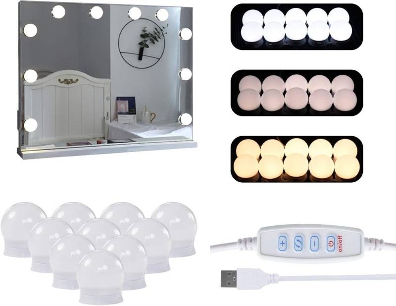 Ofcasa LED Spiegelleuchte 3 Lichtfarben Hollywood-Leuchten mit Schalter, LED wechselbar, Farbwechsler, einstellbare Helligkeit, Schminktische Leuchte, USB-Kabel Spiegellampe von Ofcasa