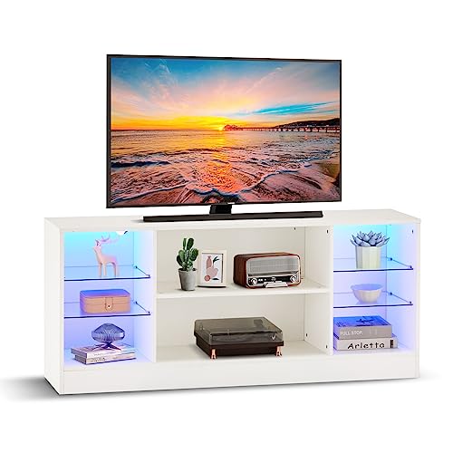 CLIPOP Lowboard Hochglanz Weiß,TV Schrank mit LED-Beleuchtung Fernsehschrank Fernsehtisch mit Glasregal Wohnzimmer Möbel Tisch Board,130 x 34 x 57 cm von CLIPOP