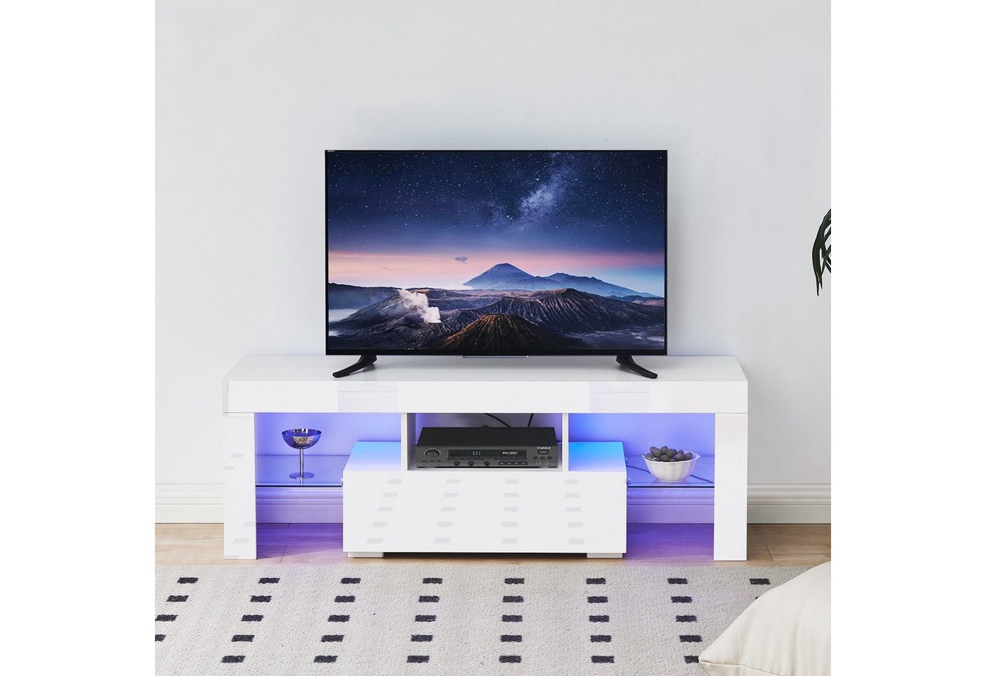 CLIPOP Lowboard Sideboards mit Led Beleuchtung, Moderne TV-Schrank Oberfläche Hochglanz Fernsehschrank, Glasablage von CLIPOP