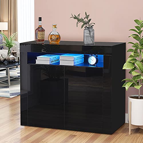 CLIPOP Moderne LED Sideboard Hochglanz Schwarz Schrank mit Fernbedienung LED Leuchten 2 Türen Schrank für Wohnzimmer Esszimmer von CLIPOP