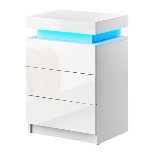 CLIPOP Moderner Nachttisch Hochglanzfront Kommode mit 3 Schubladen mit LED-Lichtern, 3 Schubladen Schrank Nachttisch für Wohnzimmer Schlafzimmer Möbel,Verstecktem Stauraum (Weiß) von CLIPOP