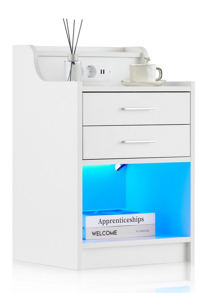 Ofcasa Nachtkommode 40x35x65cm Nachttisch (1 Nachtkonsole), 2 Schubladen-Nachtschrank mit Verstellbarem LED Licht & USB-Anschluss von Ofcasa