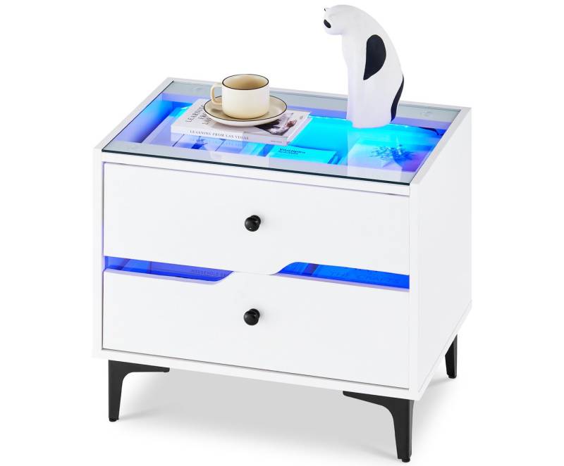 Ofcasa Nachtkommode 60x40x53cm Nachtschrank (1 Nachtkonsole), Glasplatte Beistelltisch,Nachttisch mit LED-Beleuchtung von Ofcasa