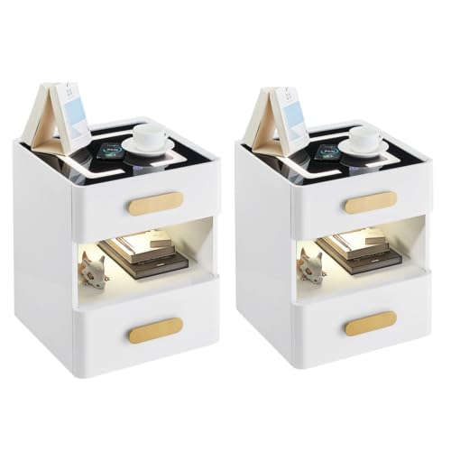 CLIPOP Nachttisch 2er Set Weiß,LED Nachtschrank mit 2 Schubladen und Offenes Ablagefach,Kabelloses Ladefunktion,Nachtkommode Beistelltisch mit Intelligentes Sensorlicht,40 x 40 x 50 cm von CLIPOP