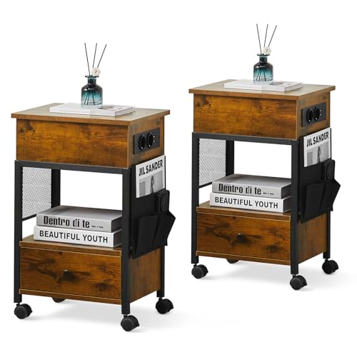 CLIPOP Nachttisch 2er Set höhenverstellbar, Beistelltisch mit Ladestation, Nachtschrank mit 2 AC-Anschlüssen, 2 USB-Anschlüssen, Sofatisch aus Holz für kleine Räume Wohnzimmer Schlafzimmer von CLIPOP
