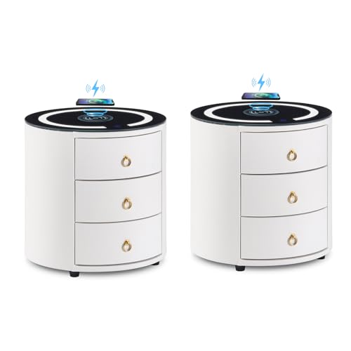 CLIPOP Nachttisch 2er Set mit Kabellose Ladestation und Verstellbare LED Licht, Holz Rund Smart Nachtschrank mit 3 Schubladen, Leucht Weißes Gehärtete Glasplatte für Schlafzimme Wohnzimmer Weiß von CLIPOP