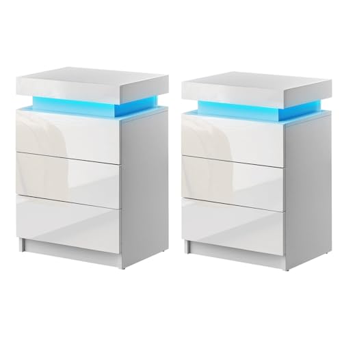 CLIPOP Nachttisch 2er Set mit LED-Beleuchtung,Einstellbare Farben,Beistelltisch Nachtschrank mit 3 Schubladen und 1 Verstecktes Staufach,Hochglanz Wohnzimmer Schlafzimmer Möbel von CLIPOP