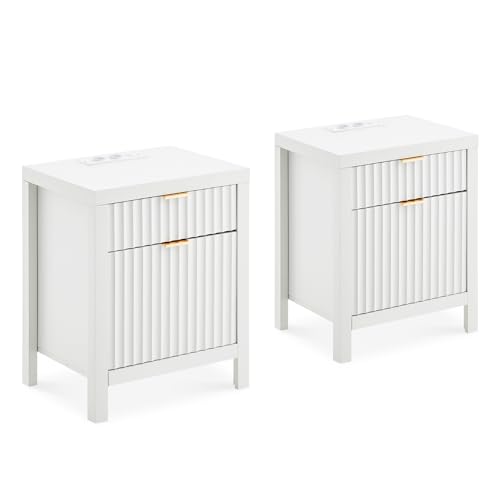 CLIPOP Nachttisch 2er Set mit Ladestation, Nachtschrank mit 2 Schubladen, Nachtkästchen Geriffelter, Beistelltisch aus Holz für Schlafzimmer, Wohnzimmer, Moderner Lagerschrank, weiß von CLIPOP
