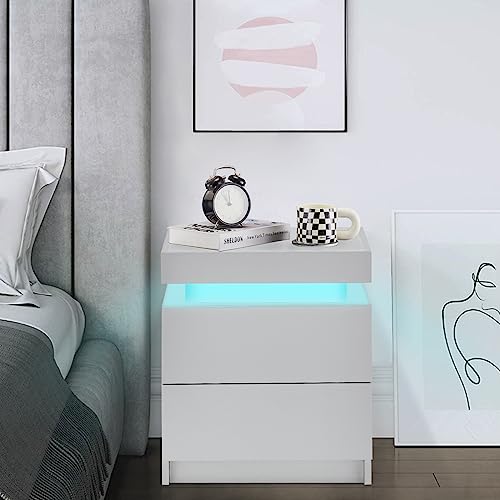 CLIPOP Nachttisch Hochglanzfront Kommode mit 2 Schubladen mit 16 Farben RGB LED-Leuchten, 2 Schubladen Schrank Nachttisch für Wohnzimmer Schlafzimmer Möbel (Weiß) von CLIPOP