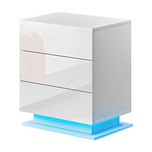 CLIPOP Nachttisch Schrank Hochglanzfront 3 Schubladen Nachttisch mit 16 RGB-LED-Leuchten Holz Nachttisch für Schlafzimmer Wohnzimmer oder Büro (weiß) von CLIPOP