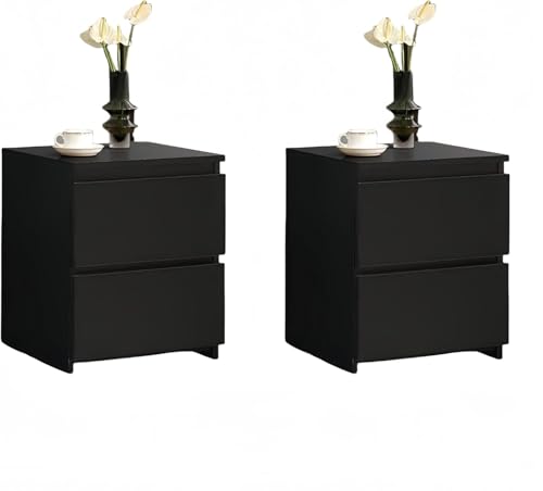 CLIPOP Nachttisch Schwarz 2er Set mit 2 Schubladen, Spanplatte der Klasse E1 MDF, ohne Griff, Kommode, Schlafzimmermöbel, 2 Drawer, 40x34x46cm von CLIPOP