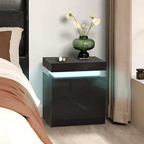 CLIPOP Nachttisch mit LED, Hochglanzfront Kommode mit 2 Schubladen mit 16 Farben RGB LED-Leuchten, 2 Schubladen Schrank Nachttisch für Wohnzimmer Schlafzimmer Möbel (schwarz) von CLIPOP