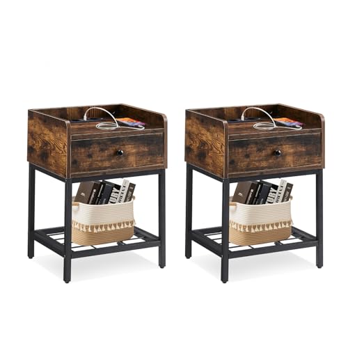CLIPOP Nachttisch mit Ladefunktion, 2er Set, Nachtkommode, Beistelltisch, Nachttische, mit Schublade und 1 offenem Fach, Industriestil, Nachtschrank mit Steckdose und USB, für Wohnzimmer, Schlafzimmer CLIPOP Nachttisch mit Ladefunktion, 2er Set, Nachtkommode, Beistelltisch, Nachttische, mit Schublade und 1 offenem Fach, Industriestil, Nachtschrank mit Steckdose und USB, für Wohnzimmer, Schlafzimmer von CLIPOP